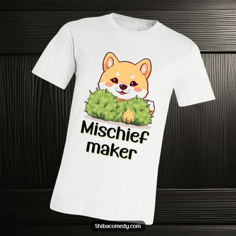 Funny Shiba Inu T-Shirt: A mischievous Shiba Inu peeks from behind a bush, embodying playful secrets and hilarious antics.