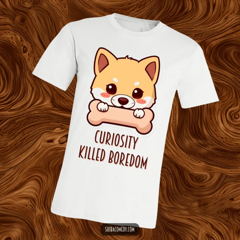 Funny Shiba Inu t-shirt of a curious dog peeking from behind a bone icon, showcasing playful intrigue and humorous stealth.