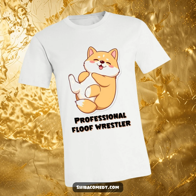 Funny Shiba Inu t-shirt showcasing a joyful dog rolling on its back, legs kicking, perfect for expressing carefree happiness and canine antics.