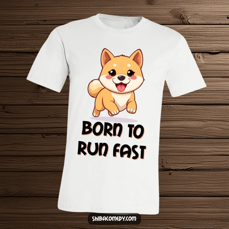 Funny eager Shiba Inu t-shirt, capturing the dog's excitement for a run, perfect for active individuals and dog lovers.