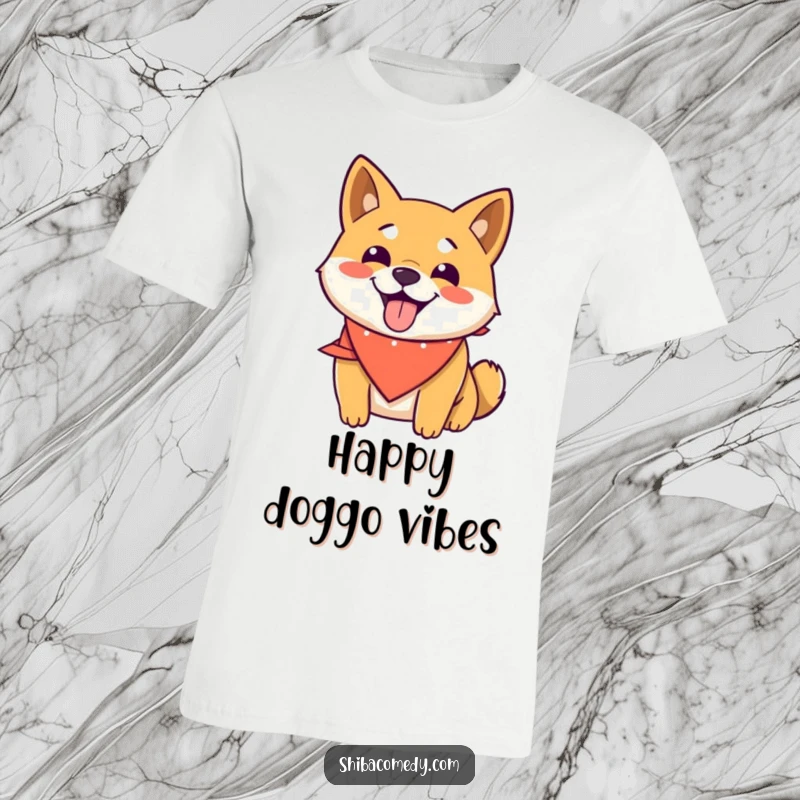 Funny Shiba Inu t-shirt featuring a happy dog wearing a bandana, panting joyfully, embodying playful and humorous energy.