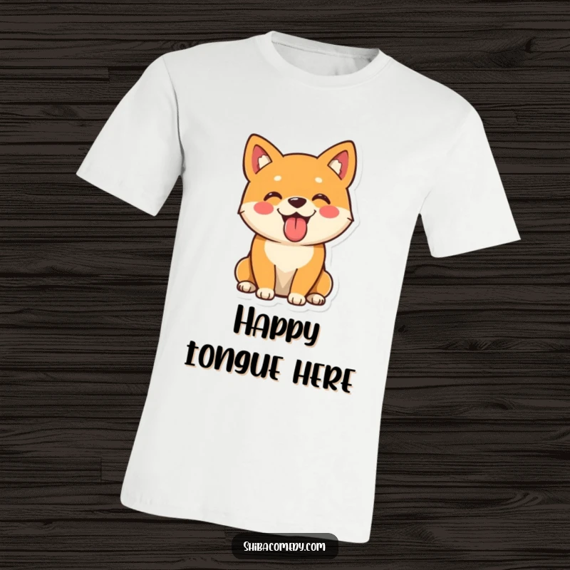 Funny Shiba Inu t-shirt with a playful dog sitting, tongue out, radiating pure cheerfulness and a happy attitude.