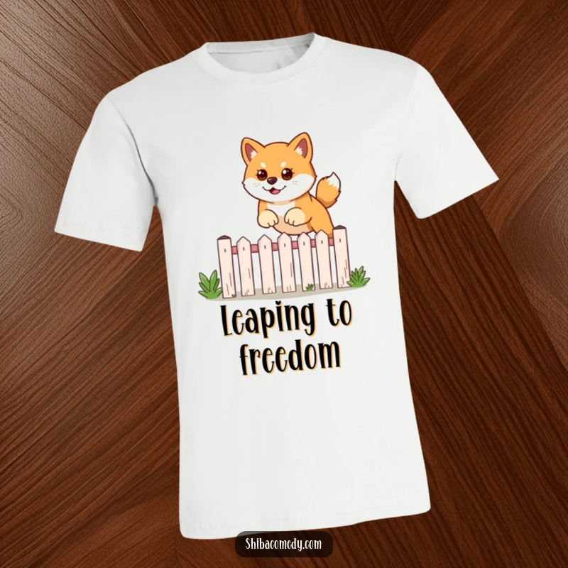 Funny t-shirt depicting a determined Shiba Inu in mid-air, triumphantly leaping over a low garden fence.