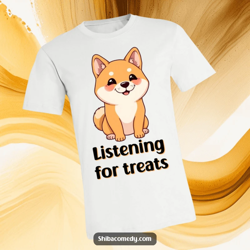 Funny Shiba Inu T-Shirt: A cute Shiba Inu with its ears perked up, attentively listening, designed for dog lovers.