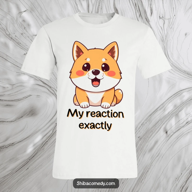 Funny surprised Shiba Inu t-shirt with its mouth agape, capturing a hilarious moment of shock and amazement.