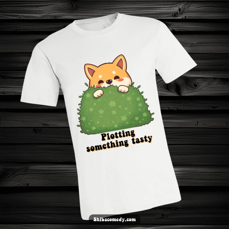 Funny mischievous Shiba Inu t-shirt showing a dog peeking out from behind a bush, conveying a sense of sneaky playfulness.