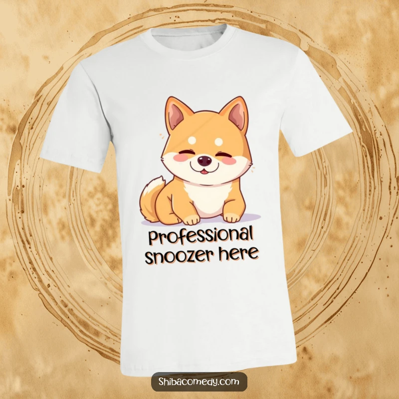 Funny Shiba Inu t-shirt featuring a content dog fast asleep in a cozy sunbeam, perfect for relaxation.