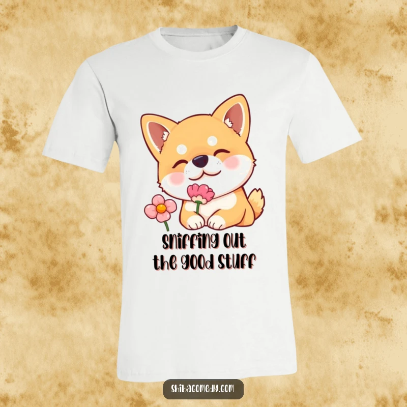 Funny t-shirt showcasing a Shiba Inu dog with a curious head tilt, gently sniffing a flower, capturing a moment of innocent delight.