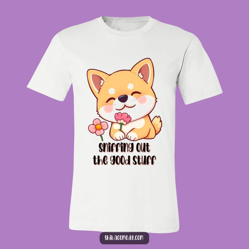 Funny Shiba Inu T-Shirt: Curious Flower Sniffing Dog Tee, Adorable Gift