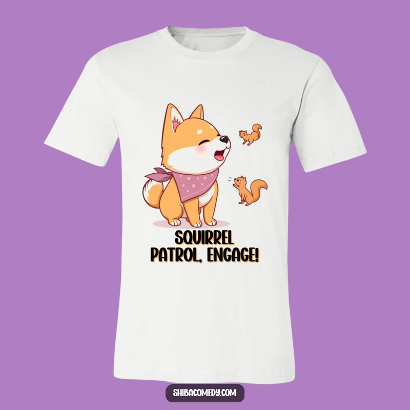Funny Shiba Inu Bandana T-Shirt: Excited Barking Dog at Squirrel Graphic Tee Gift