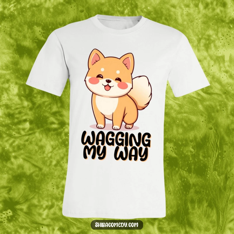 Funny Shiba Inu T-Shirt depicting a happy dog with its fluffy tail wagging, a great humorous gift.