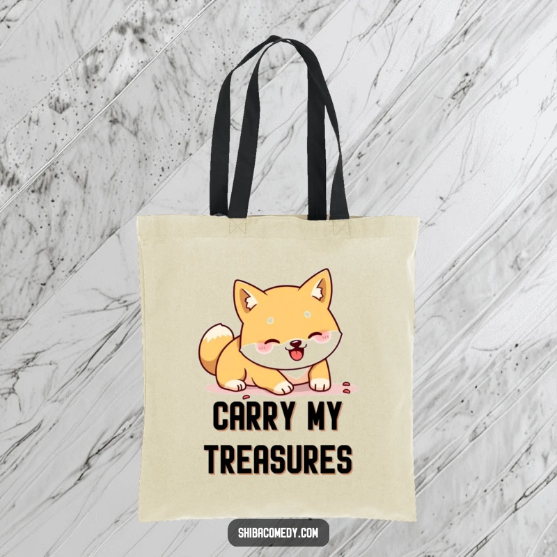 Funny Shiba Inu tote bag showing a dog energetically digging with its paws, perfect for shopping and humorous gifting.
