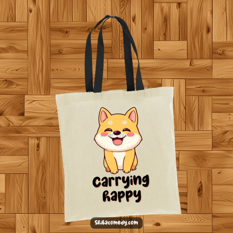 Funny Shiba Inu dog character with a wide grin and panting tongue on a tote bag, perfect for cheerful daily use.