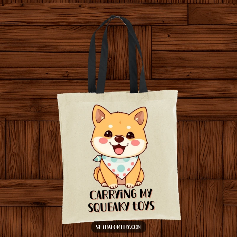 Funny Shiba Inu Tote Bag featuring a cheerful dog with a tiny bandana, a practical and humorous gift for shoppers.