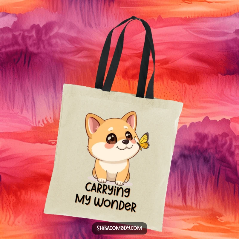 Funny Shiba Inu tote bag featuring a dog with wide, curious eyes watching a butterfly flutter past, great for outings.