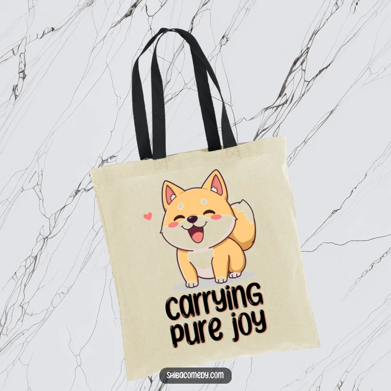 Funny Shiba Inu dog character with a fluffy tail wagging excitedly on a tote bag, perfect for cheerful daily use.