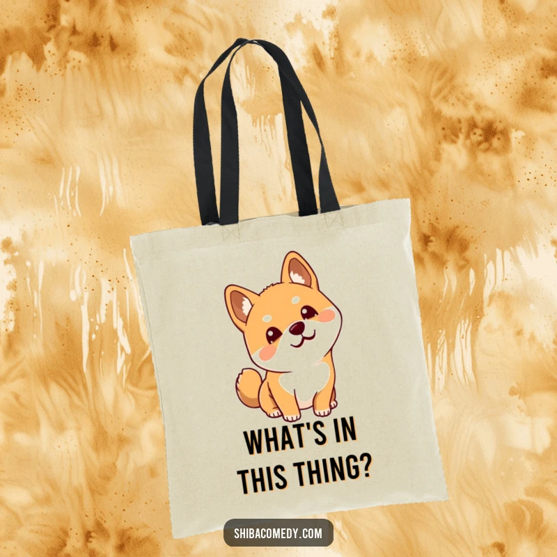 Funny Shiba Inu tote bag designed with a dog tilting its head, showcasing a humorous and inquisitive look for everyday use.