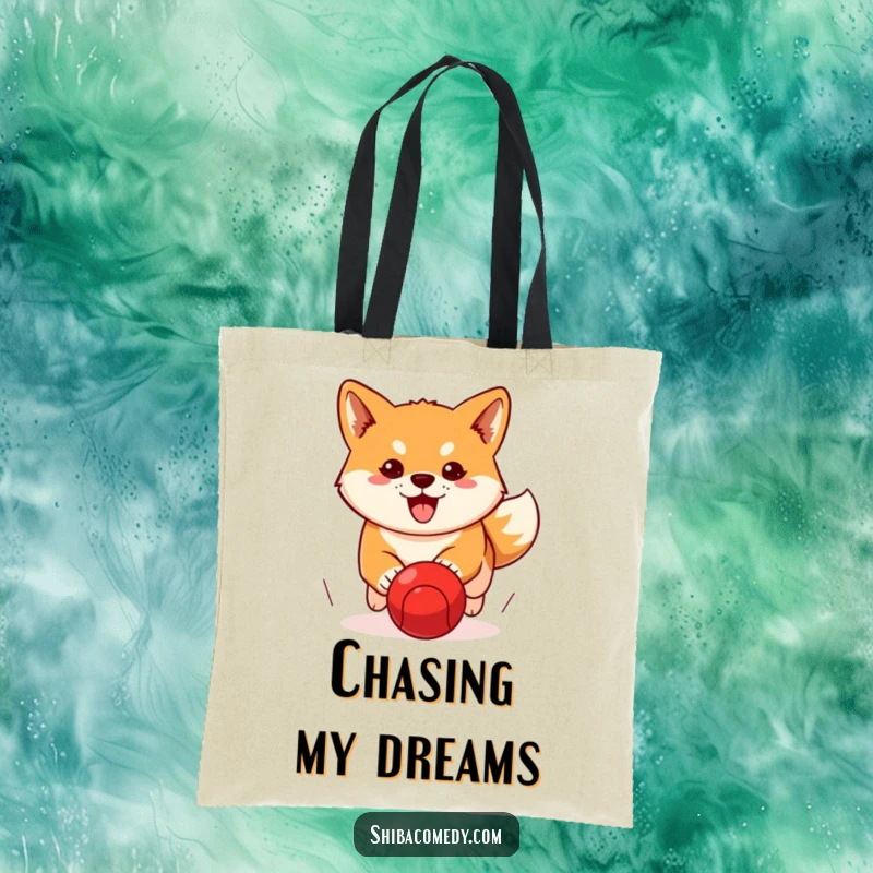 Funny Shiba Inu tote bag depicting a determined dog chasing a red ball, perfect for carrying essentials with humorous intent.