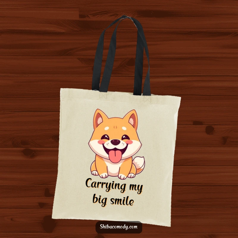 Funny Shiba Inu Tote Bag showing a happy Shiba Inu character with a wide grin, panting with pure joy, perfect for dog lovers.