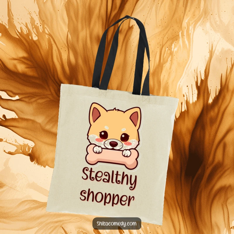 Funny Shiba Inu tote bag depicting a curious dog peeking from behind a bone icon, a humorous and stylish accessory.