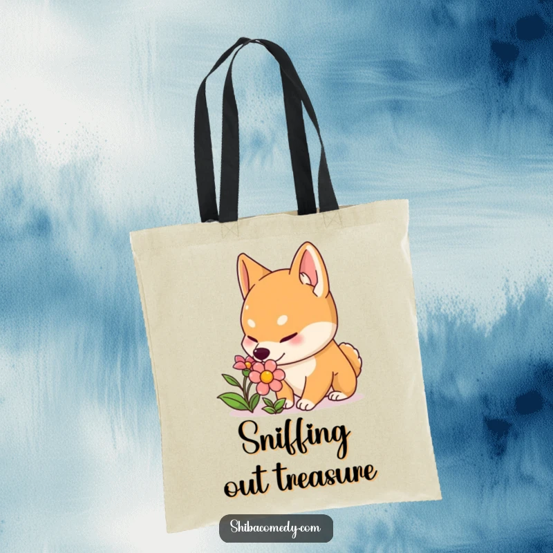 Funny Shiba Inu tote bag with a curious dog with perked ears sniffing a flower, perfect for carrying items with gentle humor.