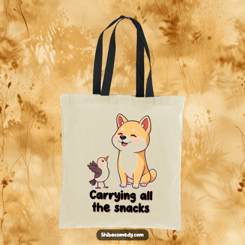 Funny Shiba Inu Tote Bag: A cute Shiba Inu with a charming head tilt watches a bird, showcasing delightful doggy interest.