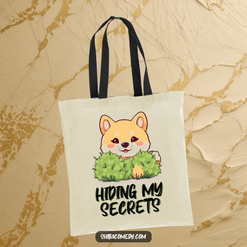 Funny Shiba Inu Tote Bag: A mischievous Shiba Inu peeks from behind a bush, perfect for carrying items with a playful, secret vibe.