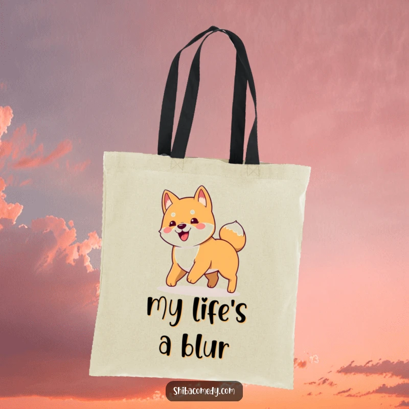 Funny tote bag showcasing a lively Shiba Inu dog in mid-chase, hilariously pursuing its own tail.