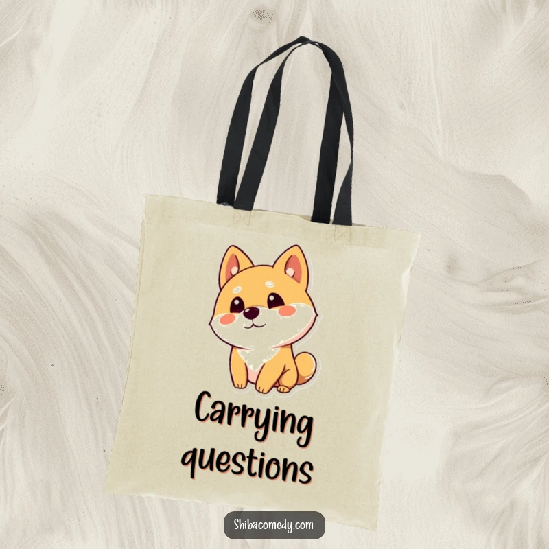 Funny Shiba Inu dog character tilting its head curiously with one ear up on a tote bag, perfect for carrying inquiries.