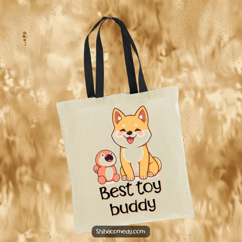 Funny tote bag showcasing a proud Shiba Inu dog with a goofy smile, sitting next to its favorite toy.