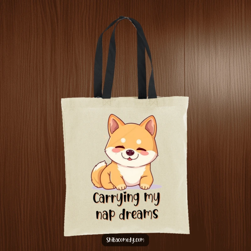 Funny Shiba Inu tote bag featuring a content dog snoozing peacefully in a sunbeam, great for daily use.