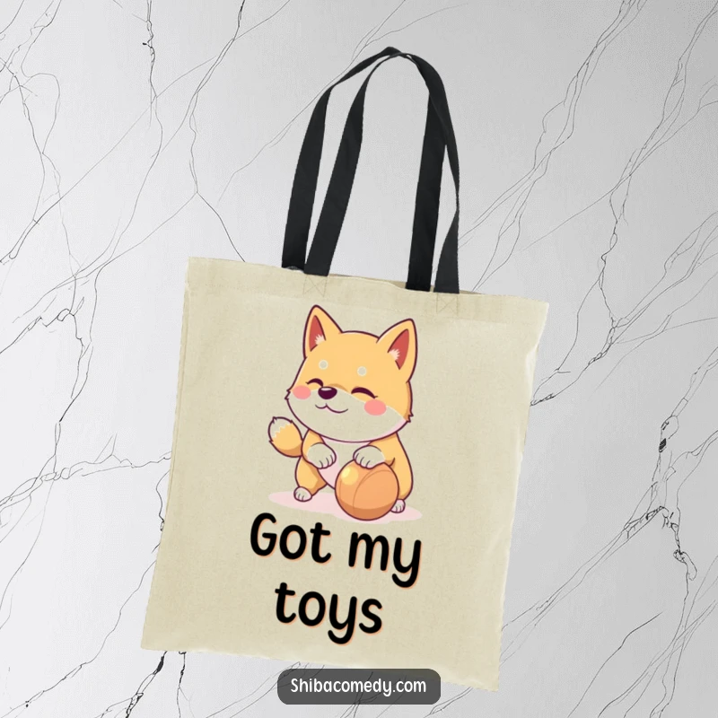 Funny Shiba Inu tote bag featuring a playful dog with a mischievous glint nudging a rolling toy, great for playdates.