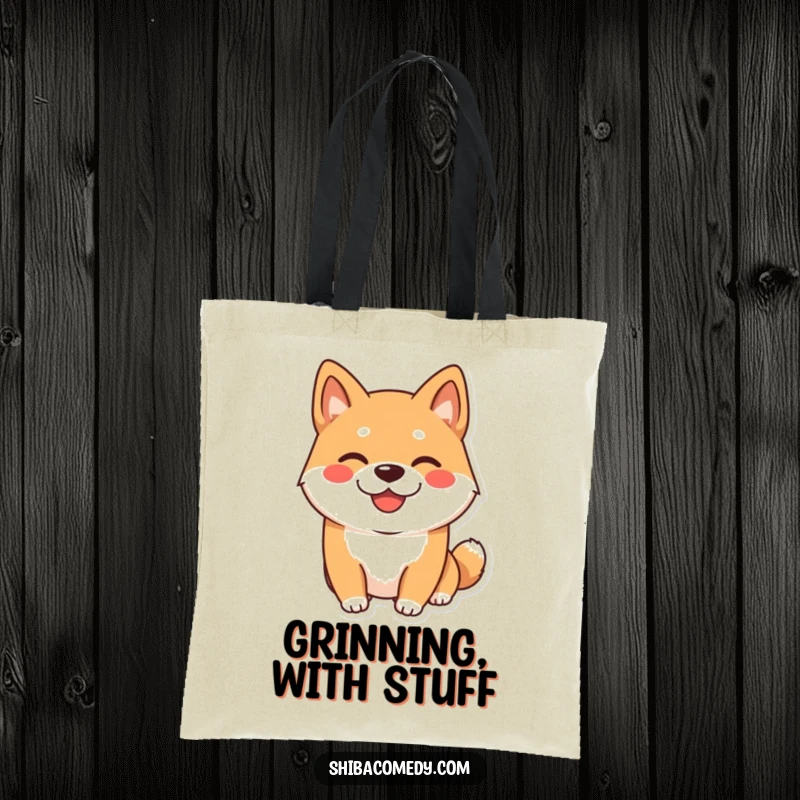 Funny Shiba Inu Tote Bag: A happy Shiba Inu dog with a wide, playful grin, perfect for carrying essentials with style.