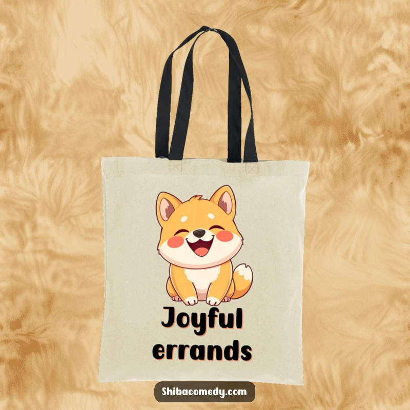 Funny Shiba Inu tote bag showcasing a dog grinning joyfully with its tail curled high, a humorous and adorable accessory.