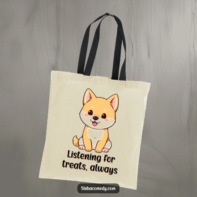 Funny Shiba Inu with perky ears sitting attentively, a humorous tote bag for dog lovers.