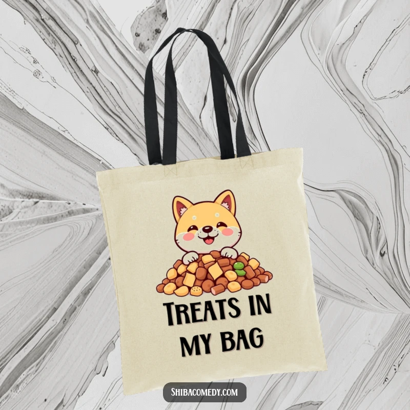 Funny Shiba Inu tote bag with a smiling dog peeking over a large stash of treats, perfect for carrying essentials humorously.